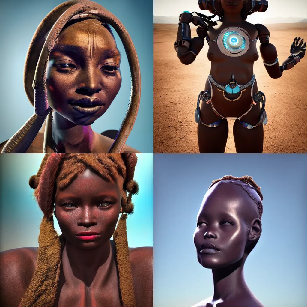 Prompt: beautiful futuristic himba woman, robotic arms, weightless in space, hyperrealistic, scifi, concept art, photograph, portrait, backlit