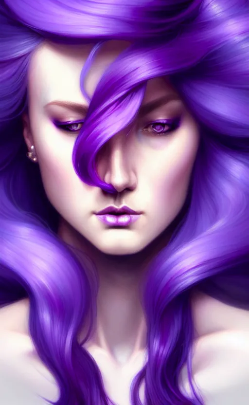 Image similar to Purple hair relistic Portrait of a woman with bright colored flying hair, all shades of purple. Hair coloring, long hair, blue eyes, fantasy, intricate, elegant, highly detailed, digital painting, artstation, concept art, smooth, sharp focus, illustration, art by artgerm and greg rutkowski and alphonse mucha