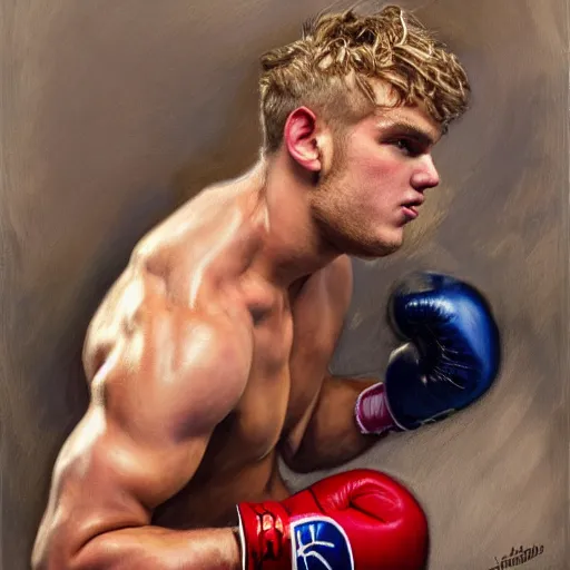 Prompt: a beautiful painting of ksi fist - fighting jake paul in a boxing ring, rendered art, highly detailed painting by gaston bussiere, craig mullins, j. c. leyendecker 8 k, trending on artstation, art, fighting, watercolor