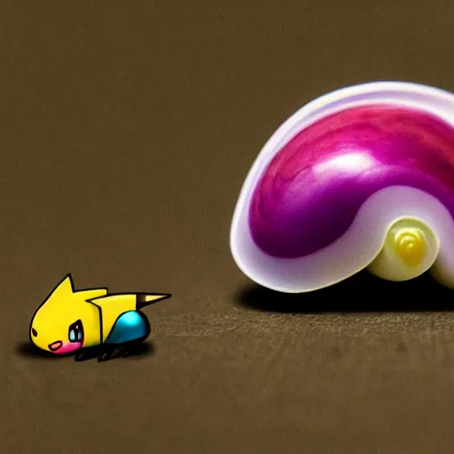 Prompt: A pokemon that looks like A Tangguan snail with multi-colored gemstones on the raised part of the shell.