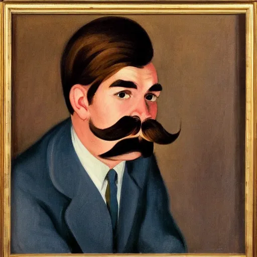 Image similar to a brown haired man with a mustache staring deeply at camera, detailed, edward hopper,