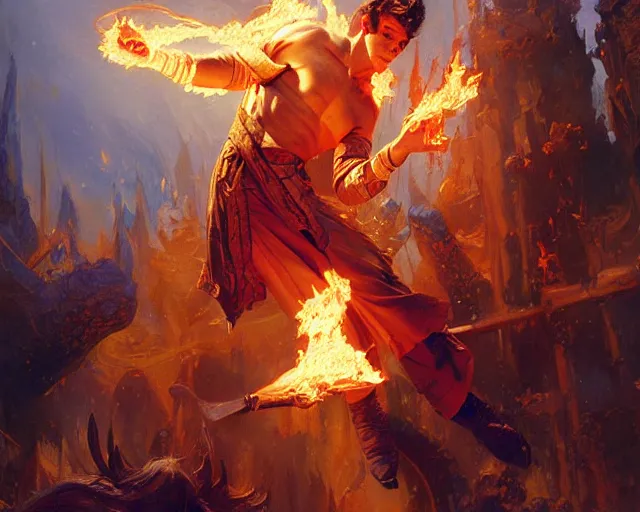 Image similar to attractive male wizard casting powerful fire spell. highly detailed painting by gaston bussiere, craig mullins, j. c. leyendecker 8 k