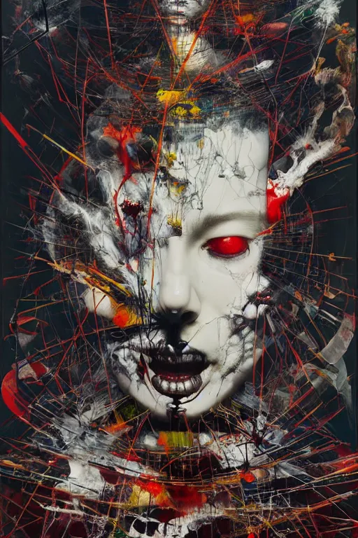 Image similar to the physical impossibility of death, in a brutalist designed space ship, hauntingly surreal, gothic, rich deep colours, painted by francis bacon, adrian ghenie, james jean and petra cortright, part by gerhard richter, part by takato yamamoto. 8 k masterpiece