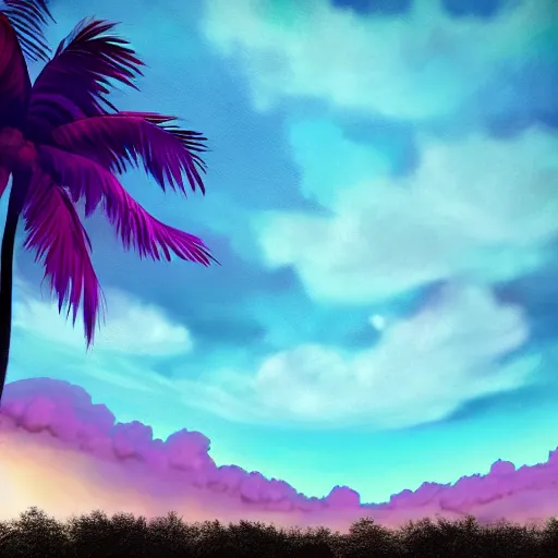 Image similar to rainbow cotton candy clouds at night in the moonlight over an aqua lagoon surrounded by crystal palm trees, trending on deviant art, art station.