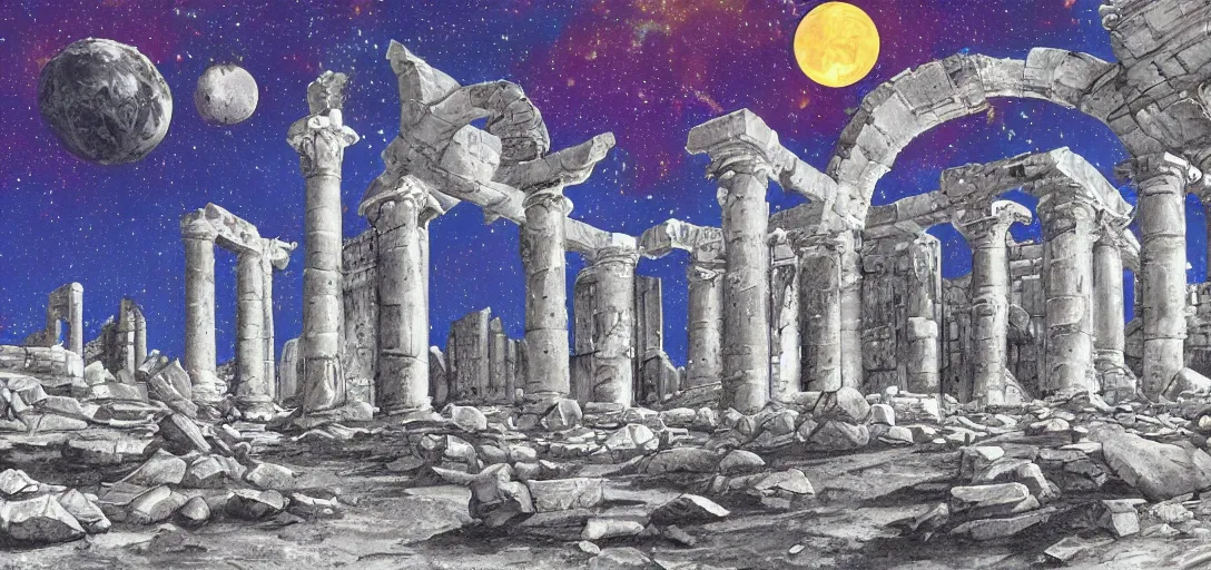 Image similar to The ruins of the Silver Millennium on the moon from Sailor Moon, digital painting, Earth in the distance, Greek-esque columns and ruins