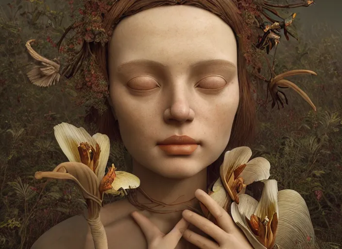 Image similar to a cinematic portrait of a beautiful female jointed handmade wooden doll, holding each other, abandoned, surrounded by big moths and withered lilies, by james c. christensen, by tomasz alen kopera, by raphael, 8 k, rendered in octane, cinematic, 3 d, volumetric lighting, highly detailed