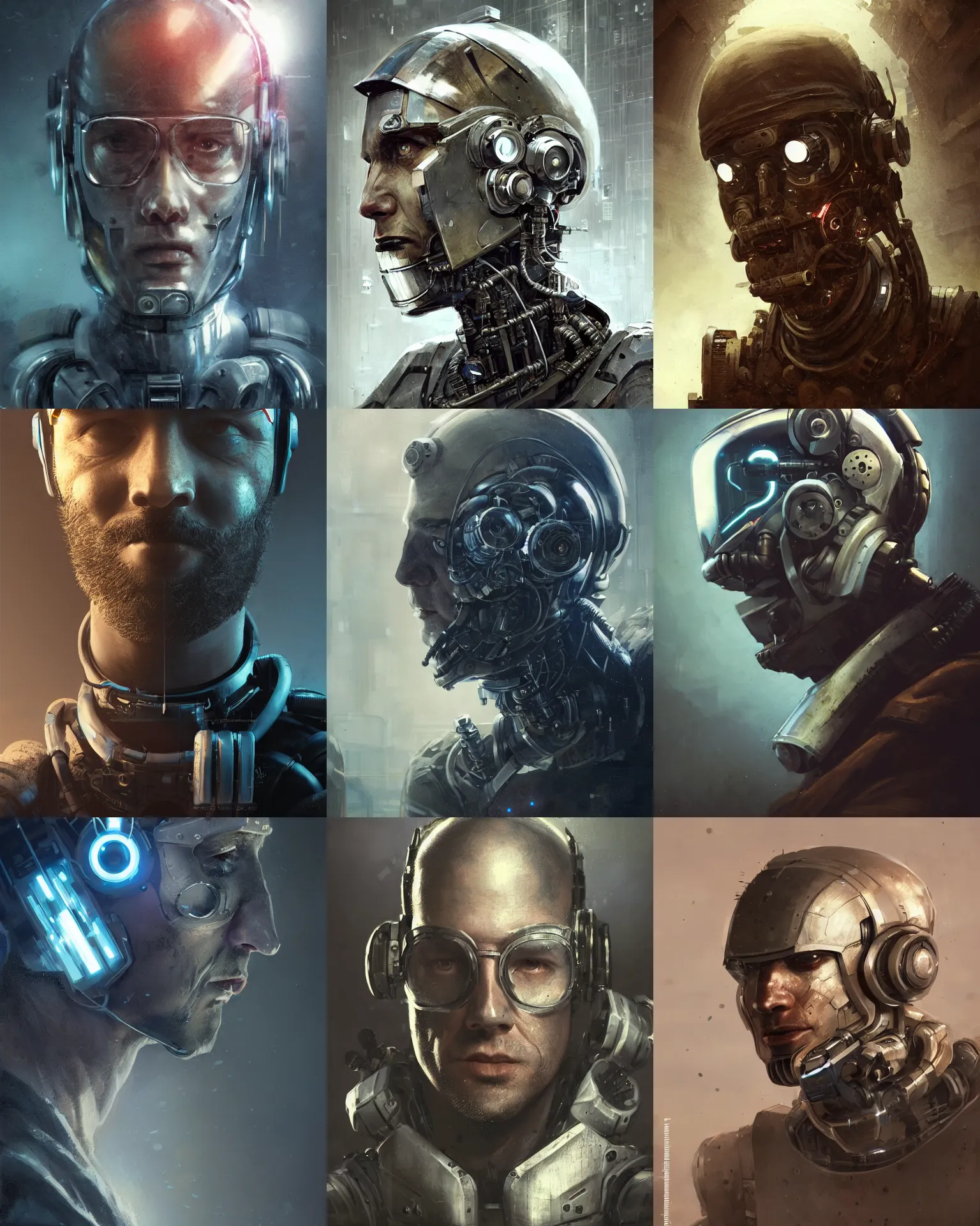 Prompt: a half - masked rugged laboratory engineer with cybernetic enhancements as seen from a distance, scifi character portrait by greg rutkowski, esuthio, craig mullins, 1 / 4 headshot, cinematic lighting, dystopian scifi gear, gloomy, profile picture, mechanical, cyborg, half robot, implants, dieselpunk