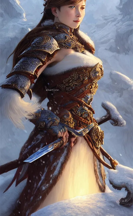 Image similar to azure viking warrior, regal, elegant, winter, snow, beautiful, stunning, hd, illustration, epic, d & d, fantasy, intricate, elegant, highly detailed, wide angle, digital painting, artstation, concept art, smooth, sharp focus, illustration, wallpaper, art by artgerm and greg rutkowski and alphonse mucha and jin xiaodi