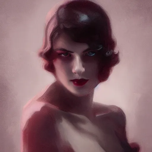 Image similar to beautiful young woman, 1 9 2 0 s, femme fatale, high detail, dramatic light, digital art, dark, painted by seb mckinnon and greg rutkowski, trending on artstation