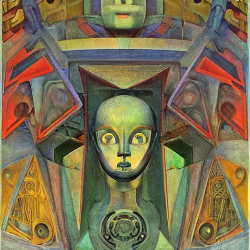 Image similar to the robot in her intricate mechanical mask stand on the lawn, by annie swynnerton and diego rivera and kit williams and leo and diane dillon and nicholas roerich, symbolist, dramatic lighting, elaborate geometric ornament, art brut, god rays, soft cool colors, smooth, sharp focus, extremely detailed, adolf wolfli