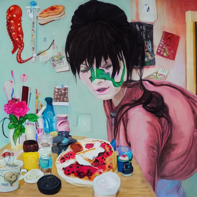 Image similar to a self - portrait in a female artist's bedroom, depressed emo girl eating pancakes, berries, surgical supplies, handmade pottery, flowers, sensual, octopus, neo - expressionism, surrealism, acrylic and spray paint and oilstick on canvas