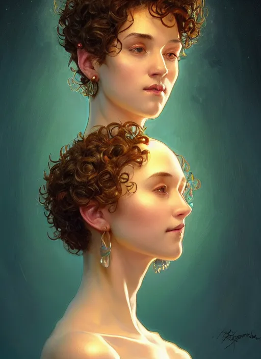 Image similar to symmetry!! portrait of a woman with short curly hair, round face, cottagecore!!, cyan glowing lights!! intricate, elegant, highly detailed, digital painting, artstation, concept art, smooth, sharp focus, illustration, art by artgerm and greg rutkowski and alphonse mucha