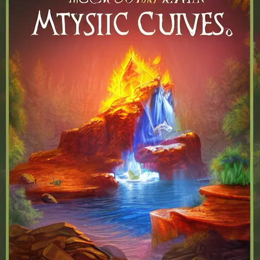 Image similar to book cover mystical cave, fire, crystals, water