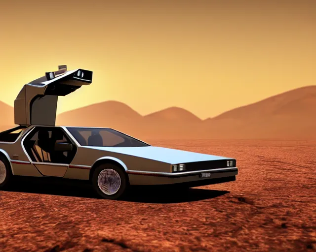 Image similar to doc brown and the delorean on mars, sunset, volumetric light