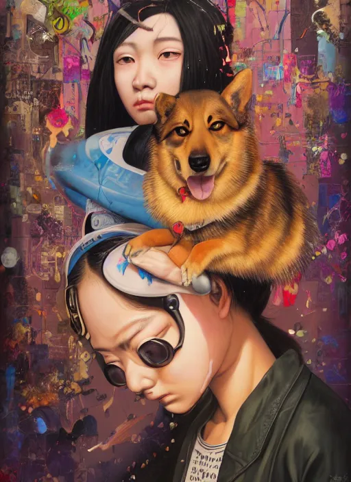 Prompt: beautiful portrait painting of a cool young Asian lofi cyberpunk princess and her corgi assassin king, by Afarin Sajedi, Alessandro Barbucci, Alex Gross, Shin Jeongho, Shohei Otomo. trending on Artstation, 8k, masterpiece, face enhance, graffiti paint, fine detail, full of color, intricate detail, golden ratio illustration