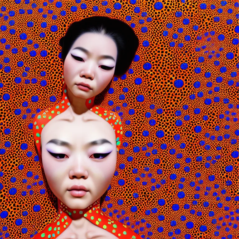 Image similar to realistic detailed image of a geisha laying down in a padded room, 8 k conjuring psychedelic background, part by yayoi kusama, part by alex gray, part by ross tran, part by james jean, ultra realistic, highly detailed, life like face, detailed body, 8 k, octane render, trending on artstation, very cohesive, masterpiece