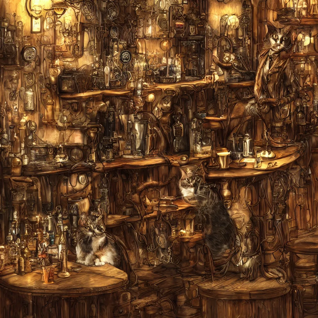 Prompt: photorealistic, steampunk, a single cat sitting at a bar