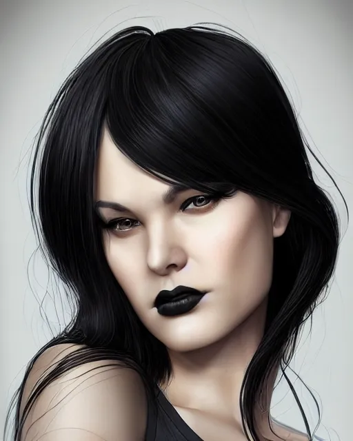 Image similar to portrait of a tall 4 0 - year - old woman with thin lips, heavy - lidded eyes, a strong jaw and long, thick shining black hair, thick eyebrows and long eyelashes, wearing in black clothes, hyper realistic face, beautiful eyes, character art, art by mark brooks, hyperdetailed, cryengine, trending on artstation, digital art