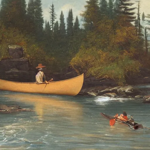 Prompt: Canoe Manned by Voyageurs Passing a Waterfall, oil on canvas by Frances Anne Hopkins, 1869; in Library and Archives Canada