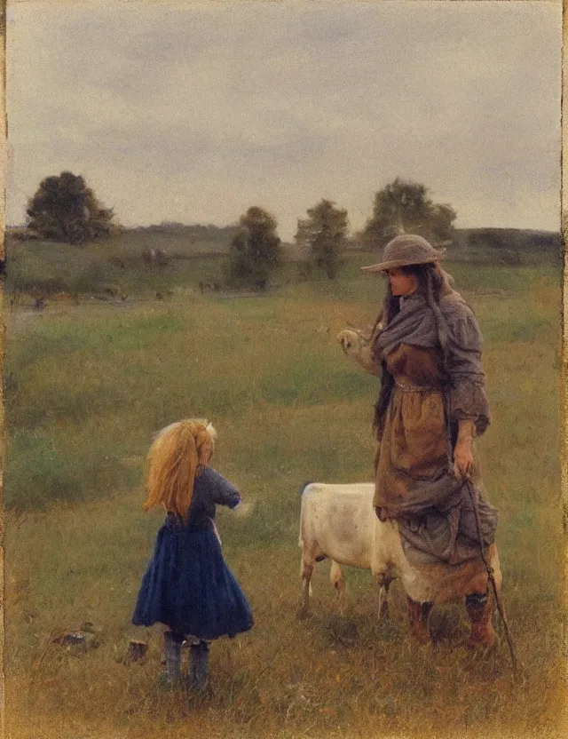 Image similar to portrait of peasant girl petting a cow on a farm, cottage core, polaroid photo bleached vintage pastel colors high - key lighting, soft lights, foggy, by steve hanks, by lisa yuskavage, by serov valentin, by tarkovsky, 8 k render, detailed, oil on canvas