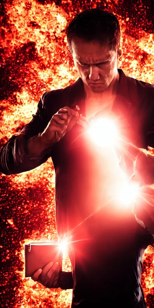 Image similar to Action movie poster with a guy holding a wallet, explosion and red rim light behind, 4K