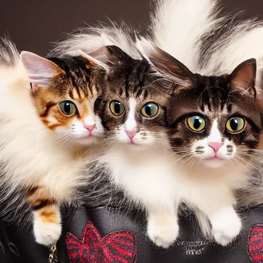 Image similar to a highly detailed photo of multiple furry cats, they are inside a big handbag, black background, studio lighting, 4 k, 8 k