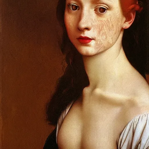 Image similar to a highly detailed portrait, red haired young woman, gorgeous dress with intricate details, long hair, green eyes, hint of freckles, round gentle face, cheeky smile with red lips, deep focus, smooth, sharp, golden ratio, elegant, digital painting by artemisia lomi gentileschi, caravaggio and artgerm