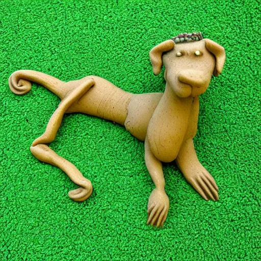 Image similar to funny strange dog made out of clay on a green carpet, Nikon Coolpix 5200