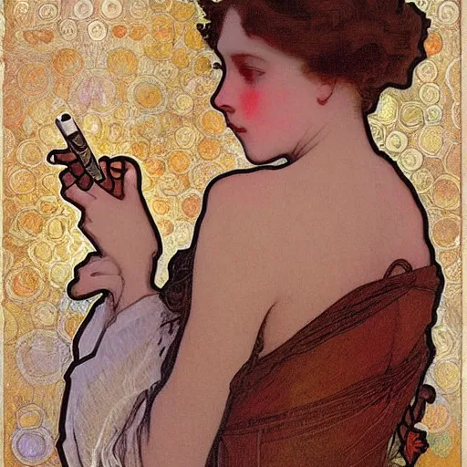 Prompt: cigarette in woman's hand painting by mucha