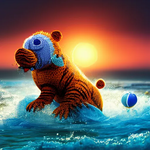 Image similar to a closeup photorealistic photograph of a cute smiling knitted tiger hippopotamus chasing colorful beachballs during sunset. teeth exposed, surf in the background. professional capture. this 4 k hd image is trending on artstation, featured on behance, well - rendered, extra crisp, features intricate detail, epic composition and the style of unreal engine.