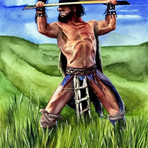 Prompt: randy savage with a ladder posing in grassy plains | fantasy watercolour painting | middle earth | game of thrones | conan | barbarian