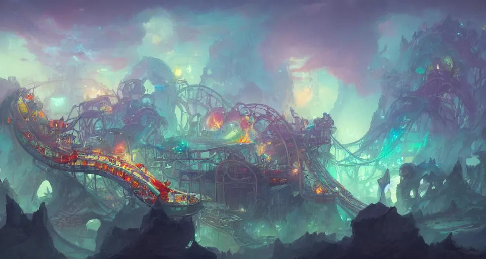 Image similar to a roller coaster with Pastel coloring by peter mohrbacher, vivid colors, matte painting, 8K, concept art, mystical color scheme, trending on artstation