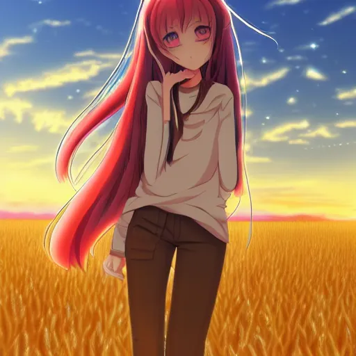Image similar to anime illustration of Holo from Spice and Wolf standing in a wheat field at sunset, Holo if a wolf girl, high detail, trending on pixiv