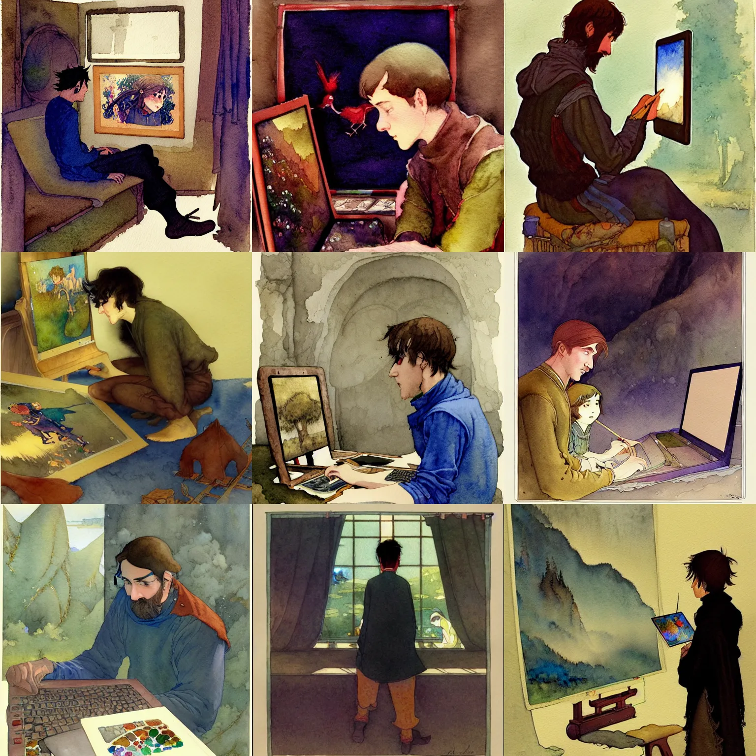 Prompt: Watercolor storybook illustration of a game artist looking at his amazing work of art on a computer screen, by Agnes Cecil and Edmund Dulac, Artstation