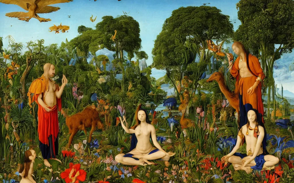 Image similar to a portrait photograph of a meditating harpy and a centaur king feeding tropical animals at a wide river delta. surrounded by bulbous flowers, animals and trees. mountain range under a vast blue sky of burning stars. painted by jan van eyck, max ernst, ernst haeckel and artgerm, cgsociety, artstation, fashion editorial