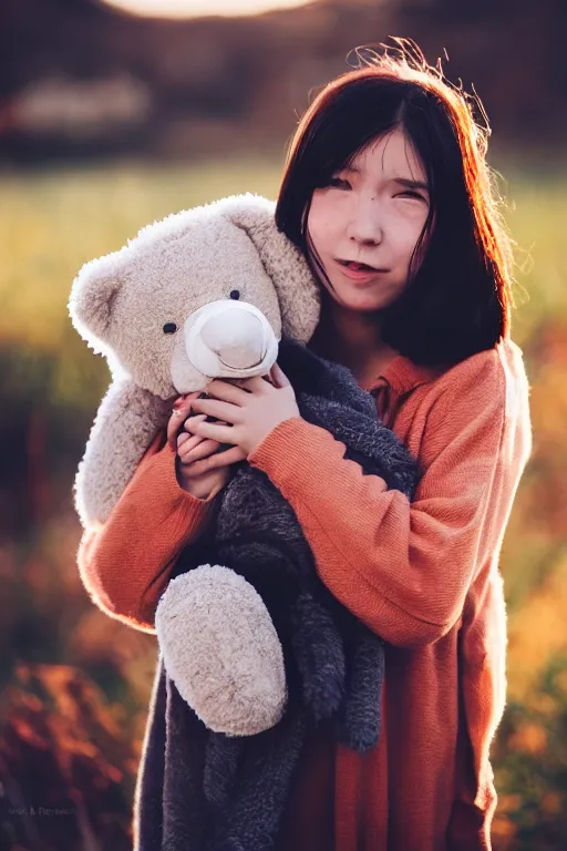 Image similar to canon, 30mm, bokeh, girl holding a teddy bear, snuggly, black hair, sunset, contrejour