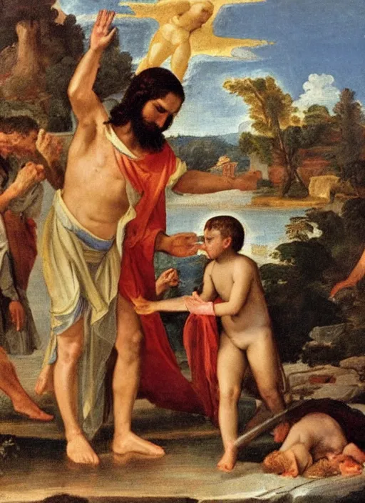 Prompt: old photo of Jesus baptizing Lucifer in the river artwork by Nicholas poussin