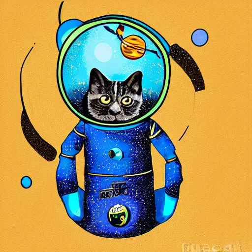 Image similar to a cat wearing a space suit while floating in space, digital art