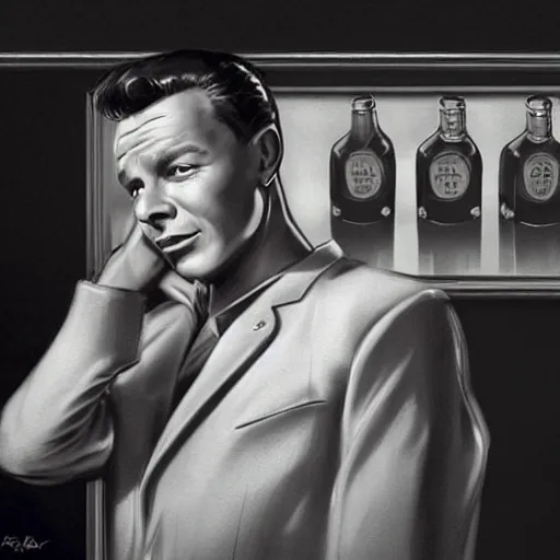 Prompt: perfect composition, cinematic atmosphere, award-winning concept art, detailed digital painting, airbrushed: young Frank Sinatra as a poor 1950s bartender. Volumetric cinematic lighting, great attention to perfect anatomy, special attention to posing, great attention to realistic facial expression, faithful cinematic color scheme, perfectly coherent. In the style of: Greg Rutkowski, Francis Bacon, Syd Mead, Norman Rockwell, Beksinski, Edward Hopper, James Gilleard, Ilya Kuyshinov, WLOP, Stanley Artgerm, Takato Yamamoto, and James Jean.