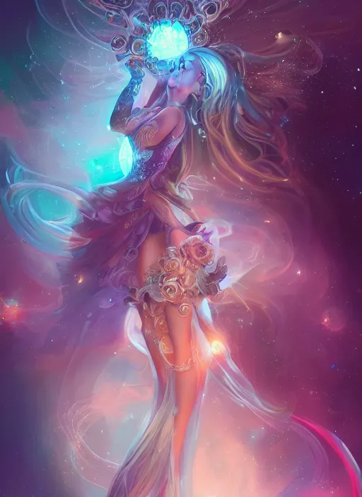 Image similar to a highly detailed illustration of elegant goddess wearing cosmic dress, elegant floating pose, beautiful detailed figure, nebula background, intricate, elegant, highly detailed, centered, digital painting, artstation, concept art, smooth, sharp focus, league of legends concept art, wlop