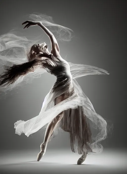 Image similar to a Photorealistic dramatic hyperrealistic render of a beautiful Female smoke dancer by Ken Brower and Deborah Ory of NYC Dance project,Lois Greenfield,Flowing cloth and smoke,Beautiful dynamic dramatic dark moody lighting,volumetric,shadows,cinematic atmosphere,Octane render,8K