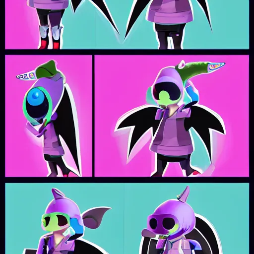 Prompt: character design sheets for a nonbinary gothic manta ray person who sells empty spray paint cans as a scam and is always covered in paint and clay and acting shady, designed by splatoon nintendo, inspired by tim shafer psychonauts 2 by double fine, cgi, professional design, gaming