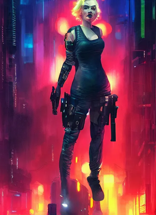 Prompt: Modern Marilyn Monroe. Cyberpunk assassin in tactical gear. blade runner 2049 concept painting. Epic painting by James Gurney, Azamat Khairov, and Alphonso Mucha. ArtstationHQ. painting with Vivid color. (rb6s, Cyberpunk 2077)