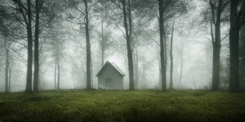 Prompt: lone cottage in the woods and empty woods, 8k, fantasy, hyper realistic, atmospheric, cinematic