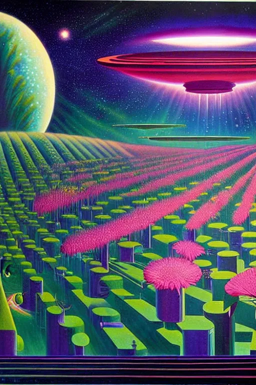 Image similar to a beautiful future for reality simulation, scientists and space flowers, utopian, by david a. hardy, wpa, public works mural, socialist