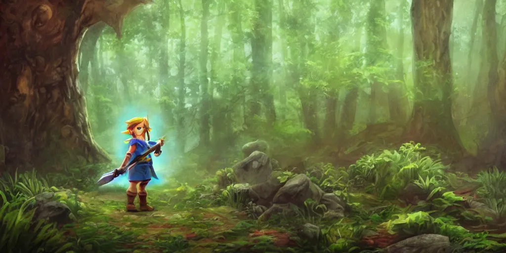 Image similar to close up of young link with orb of light entering an old!!! forest temple!!! full of green trees and plants, under a gray foggy sky, oil painting, beautiful, legend of zelda