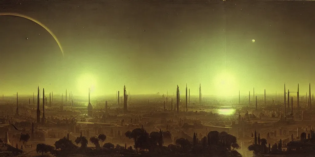 Image similar to planetary city, 2 suns on the horizon by ansel adams and bernardo bellotto