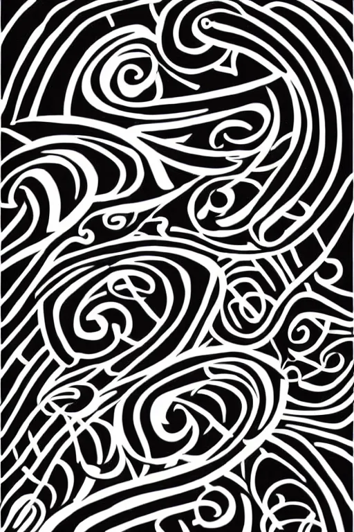 Image similar to a simple tattoo design of minimalist flying birds in spirals, black ink, abstract logo, line art