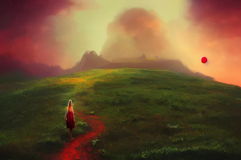 Image similar to giant dahlia flower over head, girl walking on mountain, surreal photography, stars, dramatic light, impressionist painting, storm clouds, digital painting, artstation, simon stalenhag