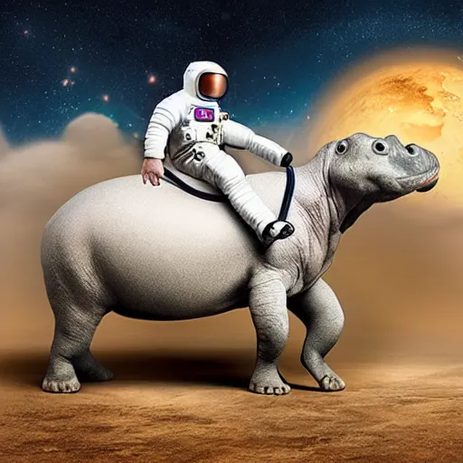 Image similar to an astronaut riding a hippopotamus